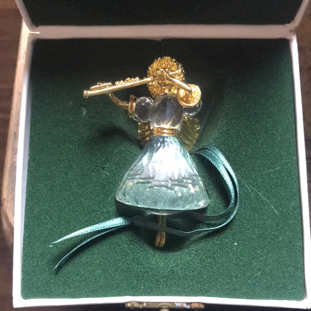 Gold-Tone Angel Flute Pendant with Pale Green Crystal Dress